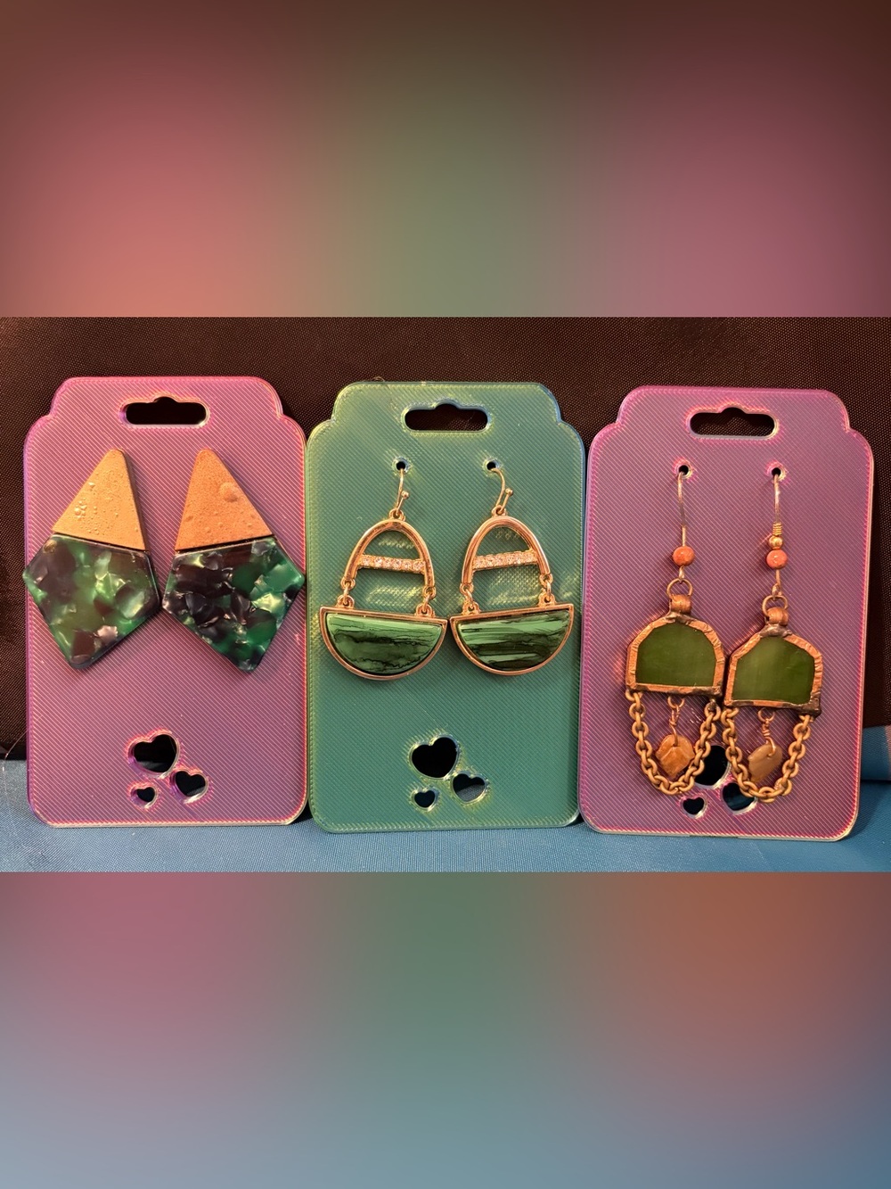 Three pair Green Stone Gold-Tone Dangle Earrings - Elegant Women's Jewelry